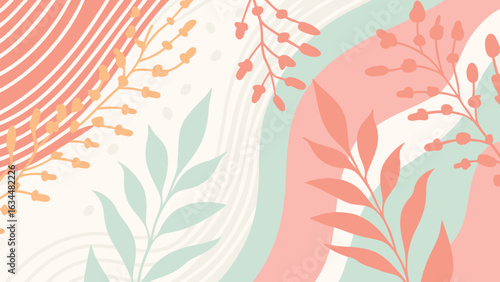 Abstract floral background with light pink and green curved shapes and peach colored leaves and branches