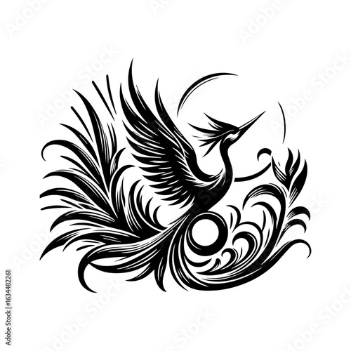 Elegant Black Phoenix Mythical Bird Illustration.