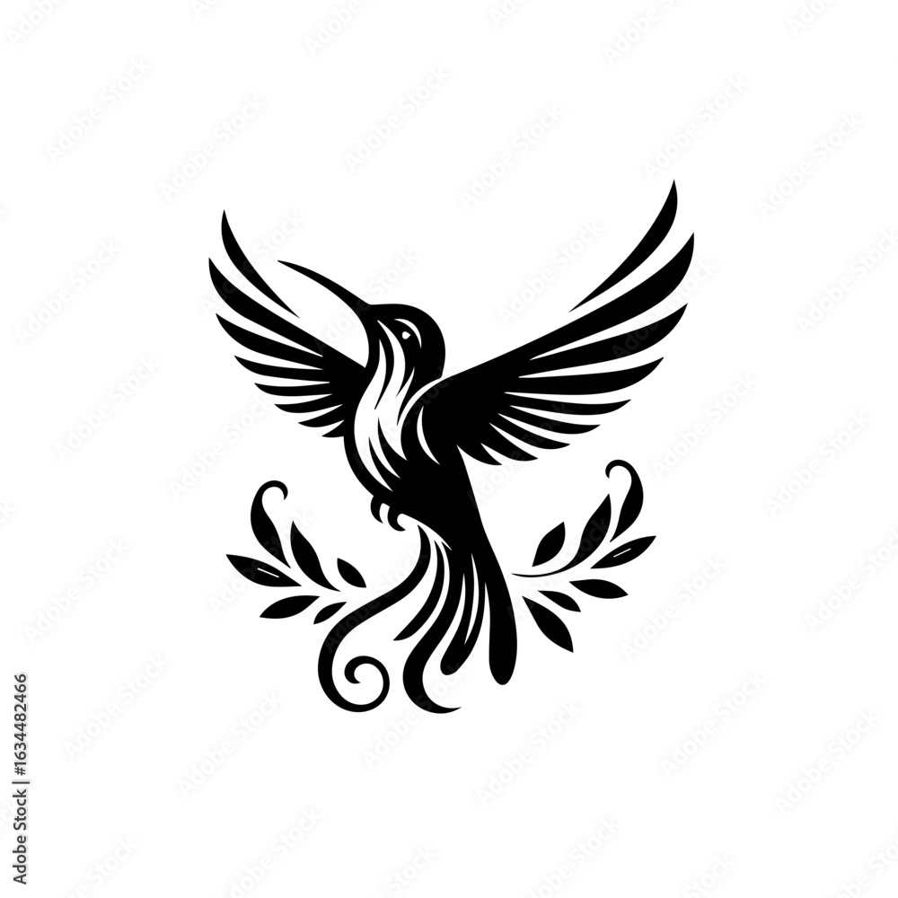 Obraz premium Elegant Hummingbird with Stylized Wings and Floral Elements.