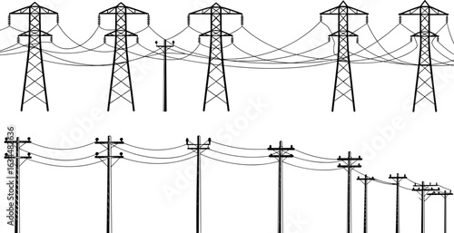 Power transmission towers silhouette, electric utility poles, high voltage power lines, overhead cables, electricity grid infrastructure, energy transmission vector, utility line art