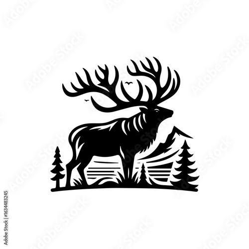 Majestic Elk Silhouette in Mountain Forest Landscape.