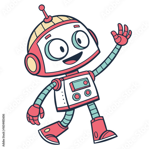 Friendly cartoon robot waving hello with a happy expression and bright colors