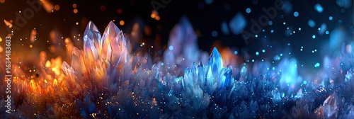 Abstract crystal formations, vibrant orange and blue, glowing in darkness, with specks of light