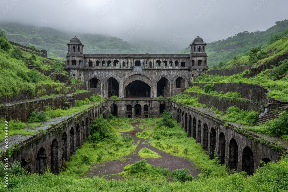 Obraz premium Ruined palace surrounded by overgrown greenery