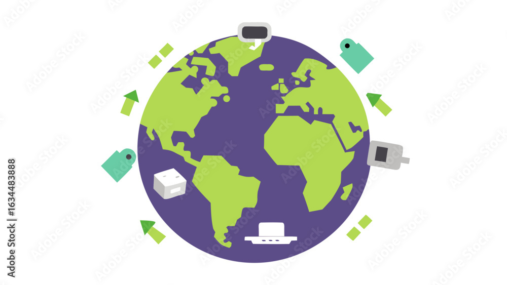 Fototapeta premium Green and Purple Globe Surrounded by Recycled Tech Gadgets