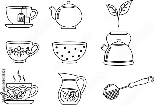 Tea time illustration set with teapots cups and tea leaves