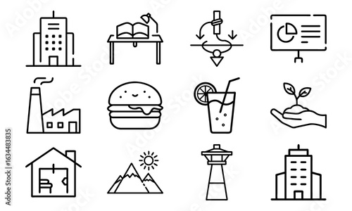Minimal Line Business Icon Set Featuring Eco-Friendly, Office Workspace, Food & Beverage, Industrial, Presentation, and Landmark Symbols – Clean Vector Graphics for Digital Projects