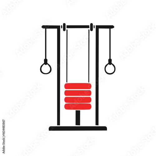 Heavy exercise weights setup with suspended gymnastic rings on a metallic frame for training, workout, and physical fitness activities