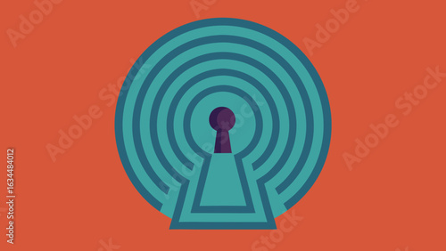 Teal Keyhole Maze Brain Vector Illustration on Burnt Orange
