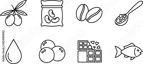 Healthy fats food sources icons vector illustration set