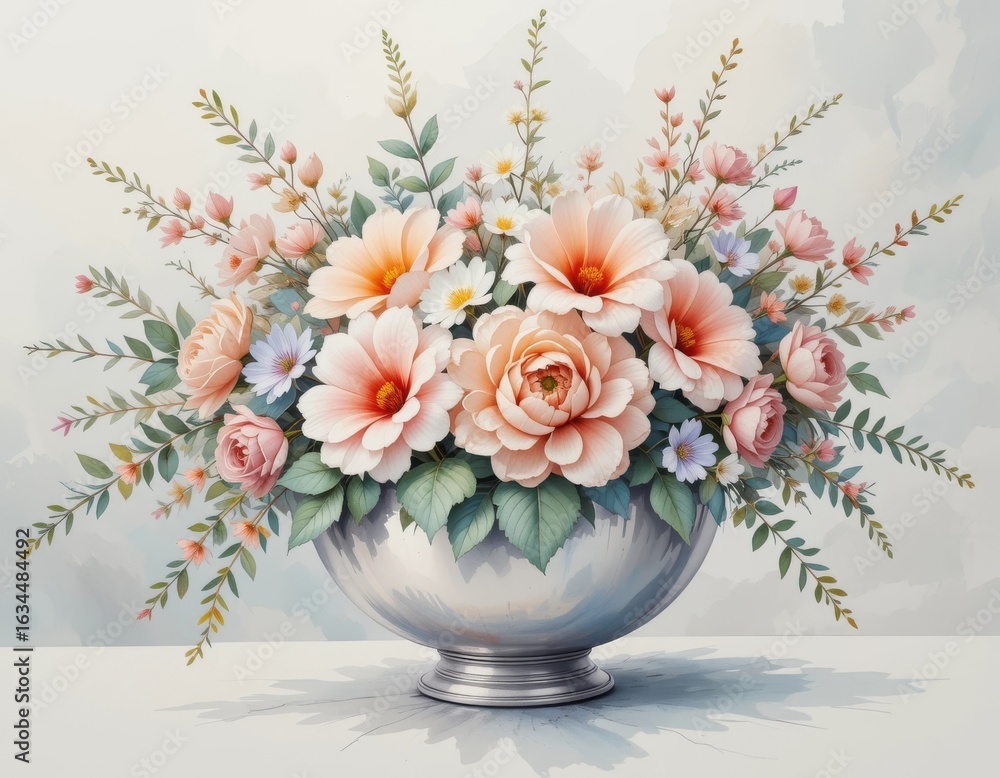 Obraz premium A silver bowl filled with peach and pink roses and white daisies with green leaves and small pink flowers
