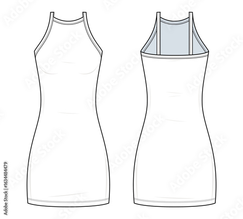 Strappy Bodycon Mini Dress Technical Fashion Illustration. Sleeveless Dress Vector Template. Front and Back View. Fitted Silhouette. White Color. CAD Mockup.
