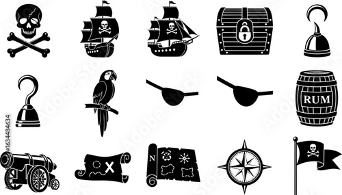 Pirate themed vector icons set with ship and treasure chest