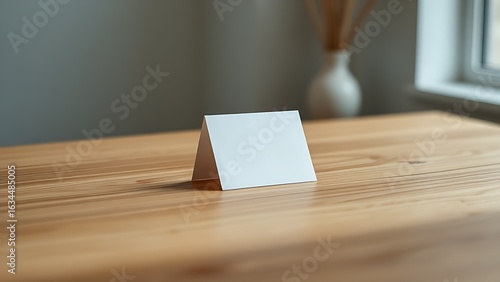 A blank notecard placed on a wooden desk with soft diffused lighting and shallow focus.