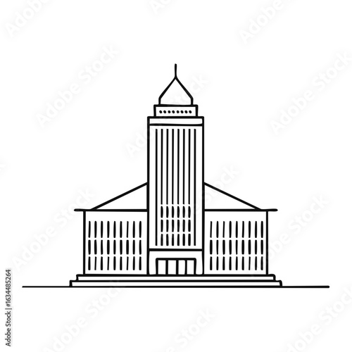 Stylized City Hall Line Art Illustration with Tower and Side Wings