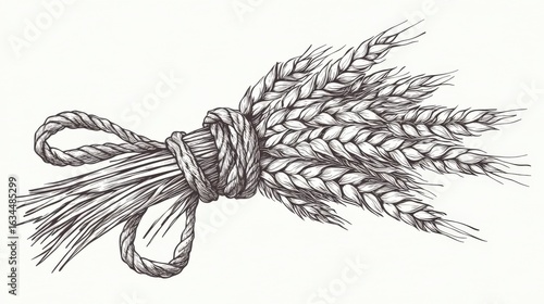 Hand-Drawn Illustration of a Decorative Bundle of Wheat Stalks Tied with a Twisted Rope, Perfect for Rustic Designs or Agricultural Themes in Vintage Style
