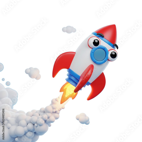 A cartoon rocket with eyes launches with a smoky trail isolated on transparent background