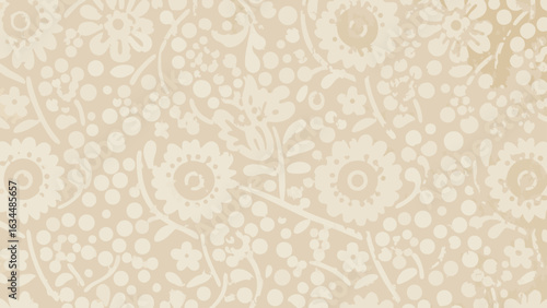Subtle floral pattern featuring stylized flowers and dots in a light beige color scheme throughout image