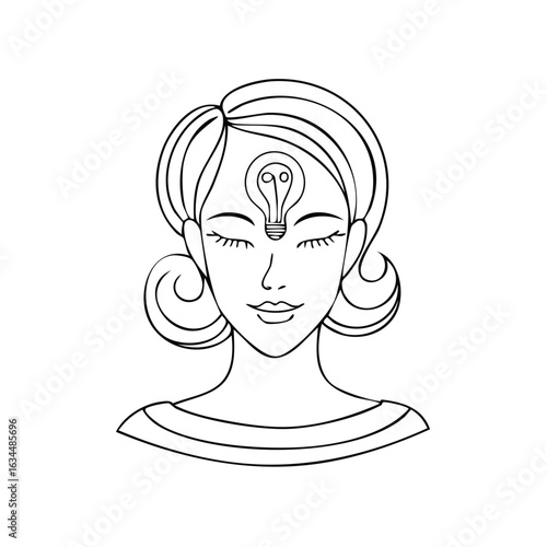 Illustration of woman with eyes closed and lightbulb on forehead showing idea, thinking process, creativity, inspiration