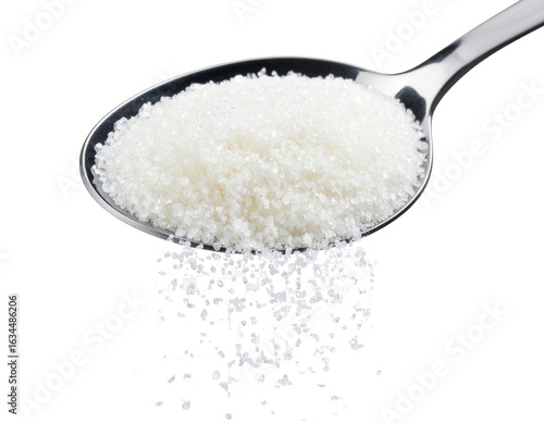 Studio Top-Down Shot of Spoon Pouring Sugar Crystals, Transparent Background