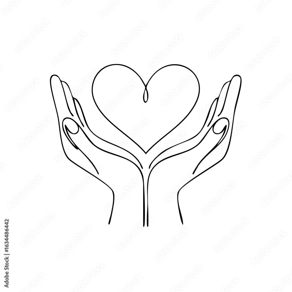 Obraz premium Hands holding heart line art, love and care concept illustration