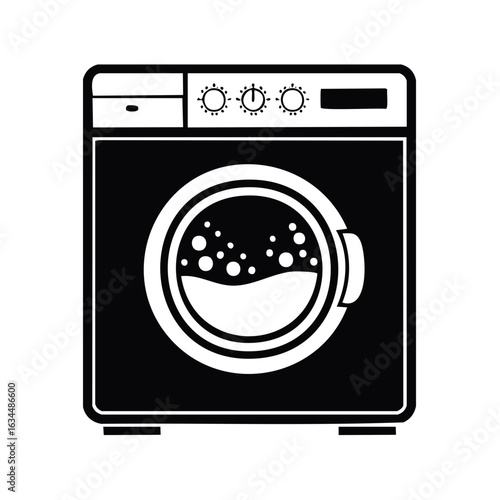 Washing Machine Icon Black Silhouette with Soapy Water and Control Dials for Laundry