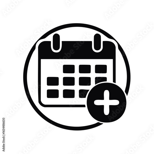 Add to Calendar Icon Graphic in Black and White Circle Date Reminder Notification Plus Symbol