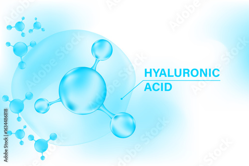 Blue 3D hyaluronic acid molecule icon, liquid collagen serum formula, Cosmetic moisturizer product background with copy space. Aesthetic skincare treatment banner. Beauty science molecular concept