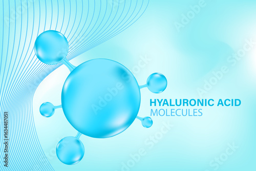 Blue 3D hyaluronic acid molecule icon, liquid collagen serum formula, Cosmetic moisturizer product background with copy space. Aesthetic skincare treatment banner. Beauty science molecular concept