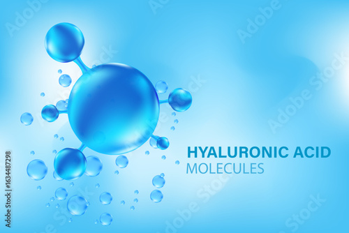 Blue 3D hyaluronic acid molecule icon, liquid collagen serum formula, Cosmetic moisturizer product background with copy space. Aesthetic skincare treatment banner. Beauty science molecular concept