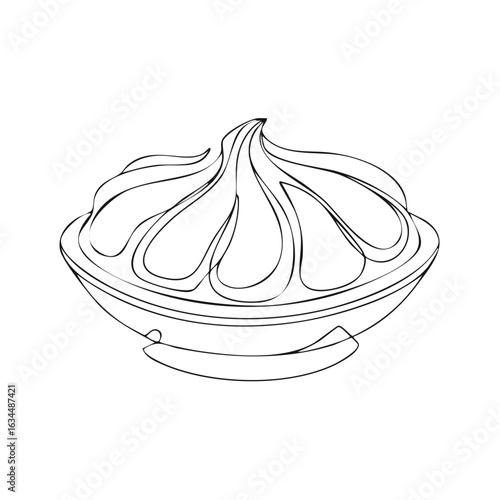 Outline illustration of a khinkali in a plate with a ribbon isolated on white