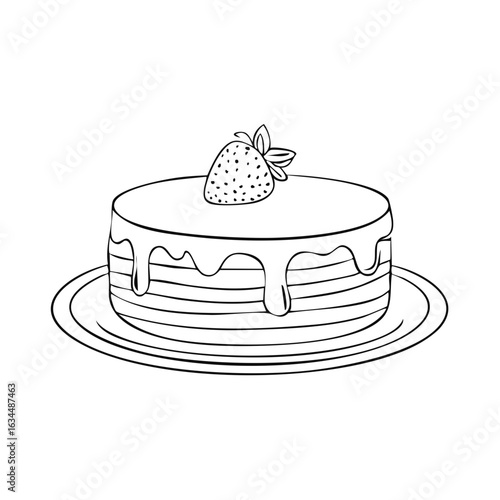 Cake line art with dripping icing and strawberry on plate for coloring book page