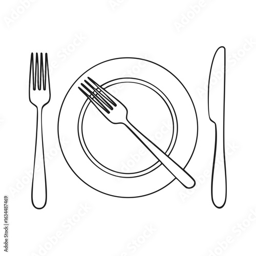 Table Setting Outline Illustration: Fork, Knife, and Plate Food Service Equipment