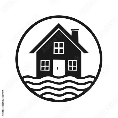 Black House Flooding Icon Vector Illustration Water Waves Disaster Safety Symbol