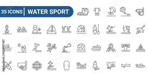 Many different icons for water sport activities displayed together. Perfect for summer event posters, sports websites, and vacation brochures. editable stroke. vector illustration