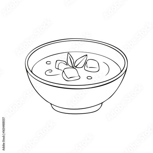 Outline of Vegetable Soup Bowl with Herbs and Croutons in a Simple Line Drawing