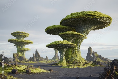 Alien landscape with large, moss-covered, mushroom-like trees on a dark volcanic plain