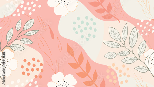 Floral pattern with flowers and leaves on a pink background with abstract shapes and dots design elements