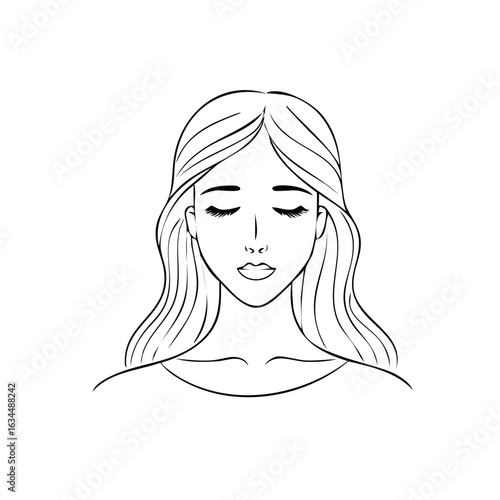 Line art portrait of a calm woman with long wavy hair and closed eyes expressing serene peacefulness
