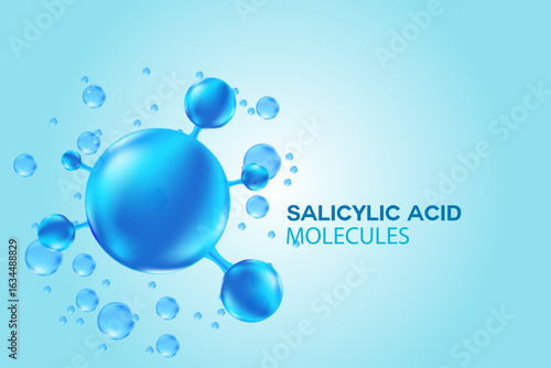 Blue 3D salicylic acid molecule icon, liquid collagen serum formula, Cosmetic moisturizer product background with copy space. Aesthetic skincare treatment banner. Beauty science molecular concept