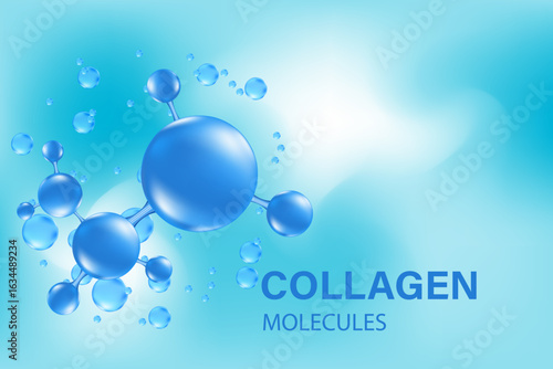 Blue 3D hyaluronic acid molecule icon, liquid collagen serum formula, Cosmetic moisturizer product background with copy space. Aesthetic skincare treatment banner. Beauty science molecular concept