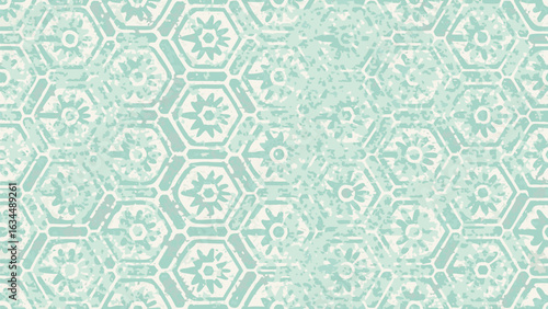 Repeating pattern of stylized floral motifs within hexagonal frames in a light teal color scheme
