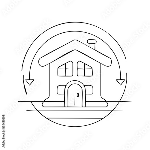 Hand-drawn house illustration inside circular arrows for home renovation or real estate concepts.