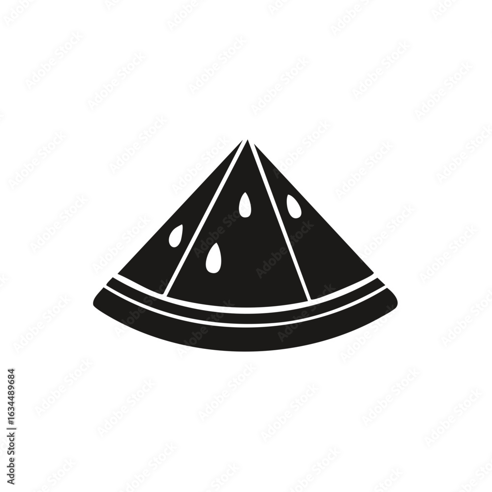 Fototapeta premium Watermelon Slice Illustration - Black Icon of Cut Fruit with Seeds and Striped Rind, Fresh Summer Food Symbol, Simple Glyph Style