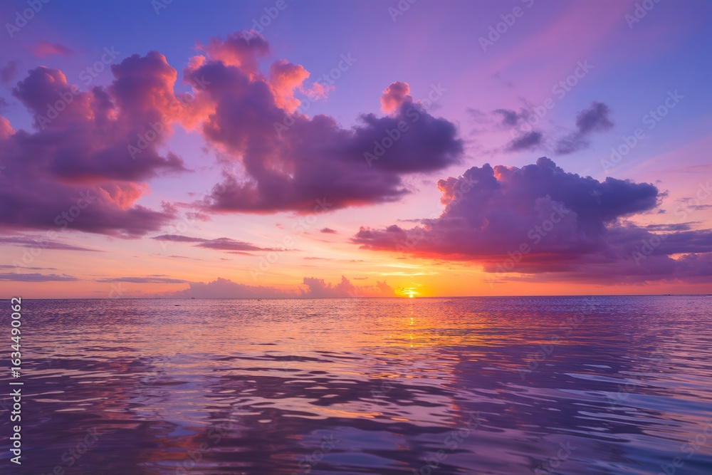 Obraz premium Dramatic orange and red sunset over the tranquil sea with clouds and sunlight on the horizon 
