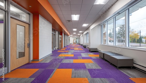 Bright school hallway with colorful carpeting