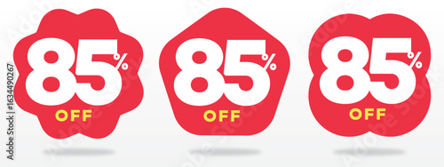 85% off, price, money, advertising, offer, shop, retail, ticker, special, label, tag, marketing, promo, store. Set, icon, vector