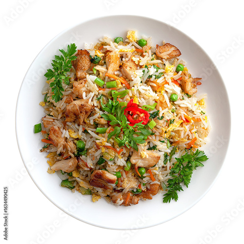Chicken and vegetable fried rice served on transparent background