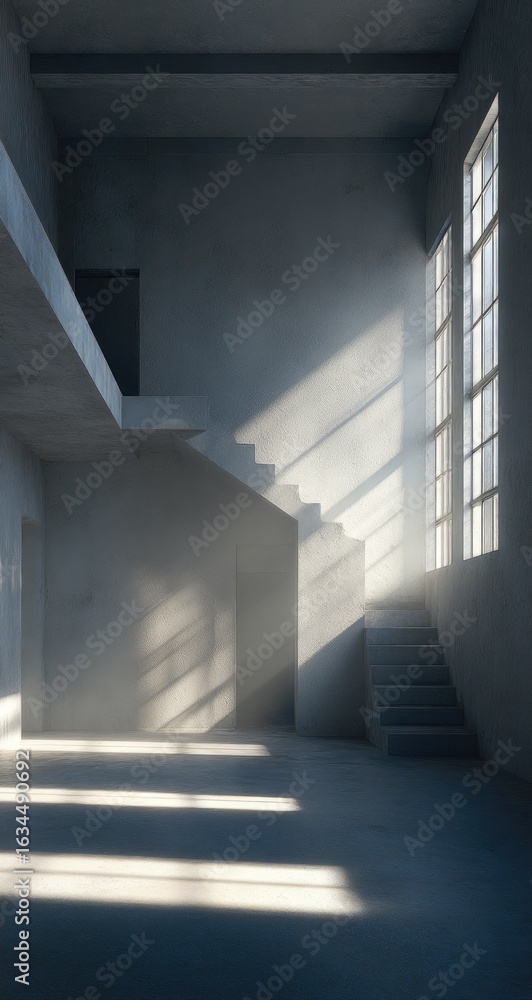 Fototapeta premium Interior view of a minimalist, industrial-style space. 