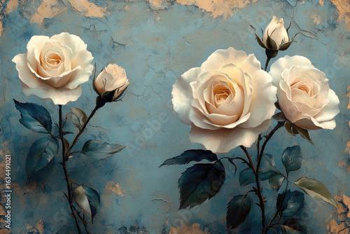 Vintage White Roses in Full Bloom Soft Watercolor Illustration